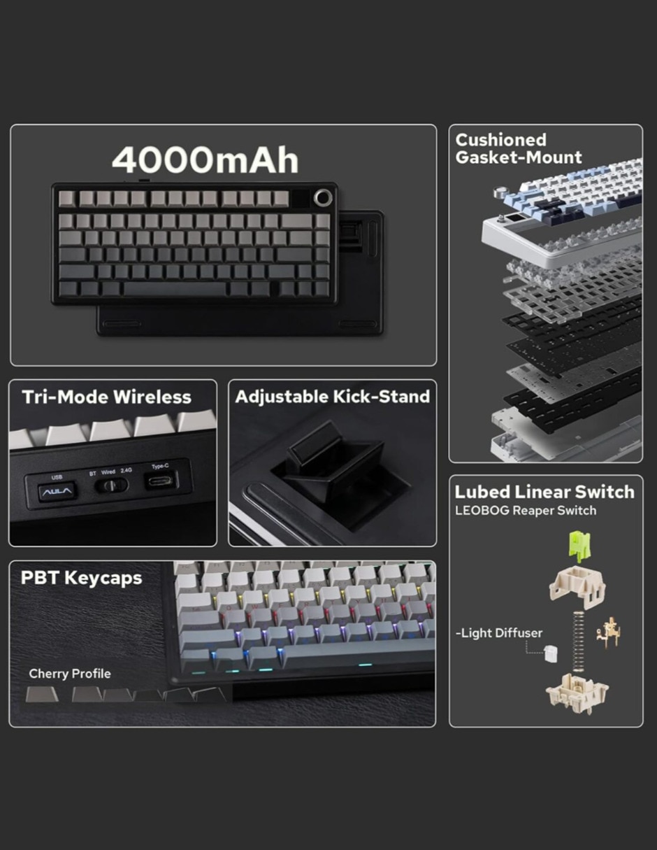Teclado gamer alámbrica e inalámbrica QWERT inglés con interruptor lineal (red black) Aula F75 Max