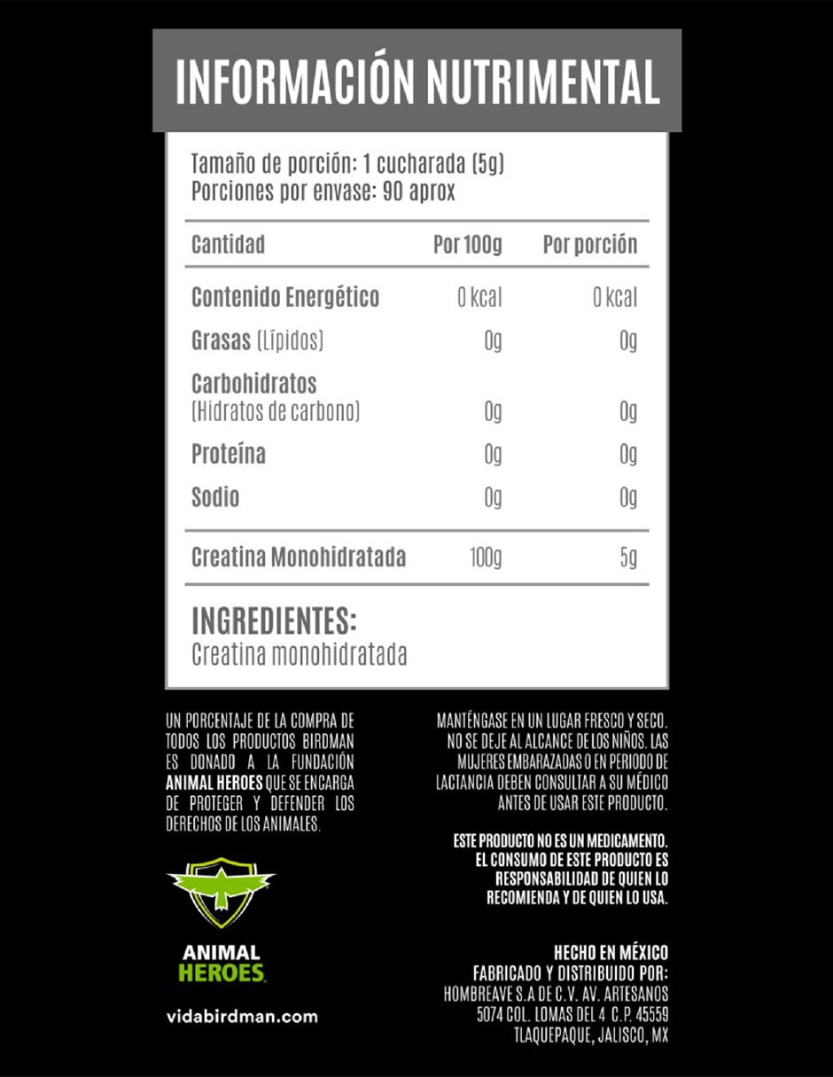 Birdman Creatina Monohidratada de Alta Pureza Creapure de 450 g