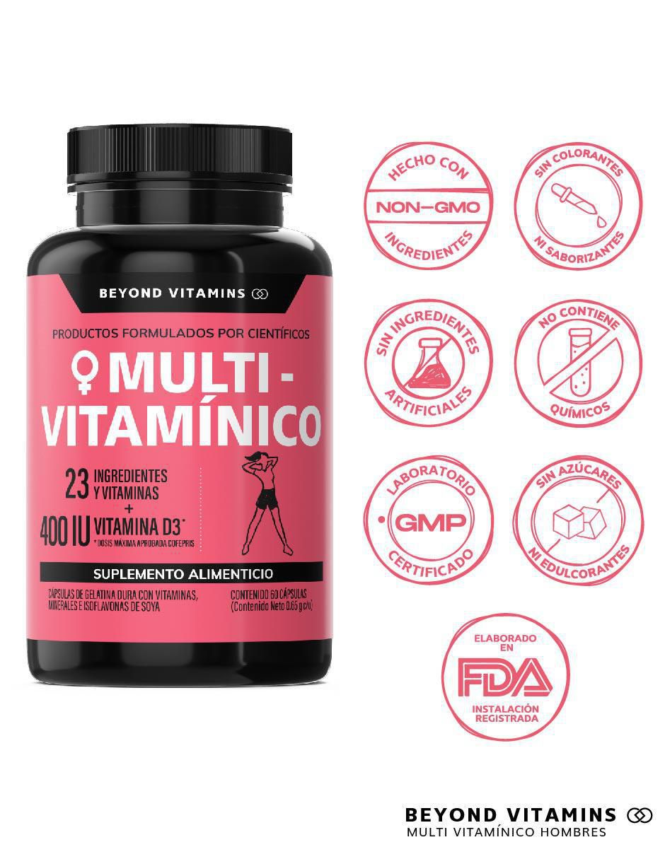 Multivitaminico con Vitamina D 23 vitaminas y minerales para Mujeres Beyond Vitamins sabor natural de 60 cápsulas