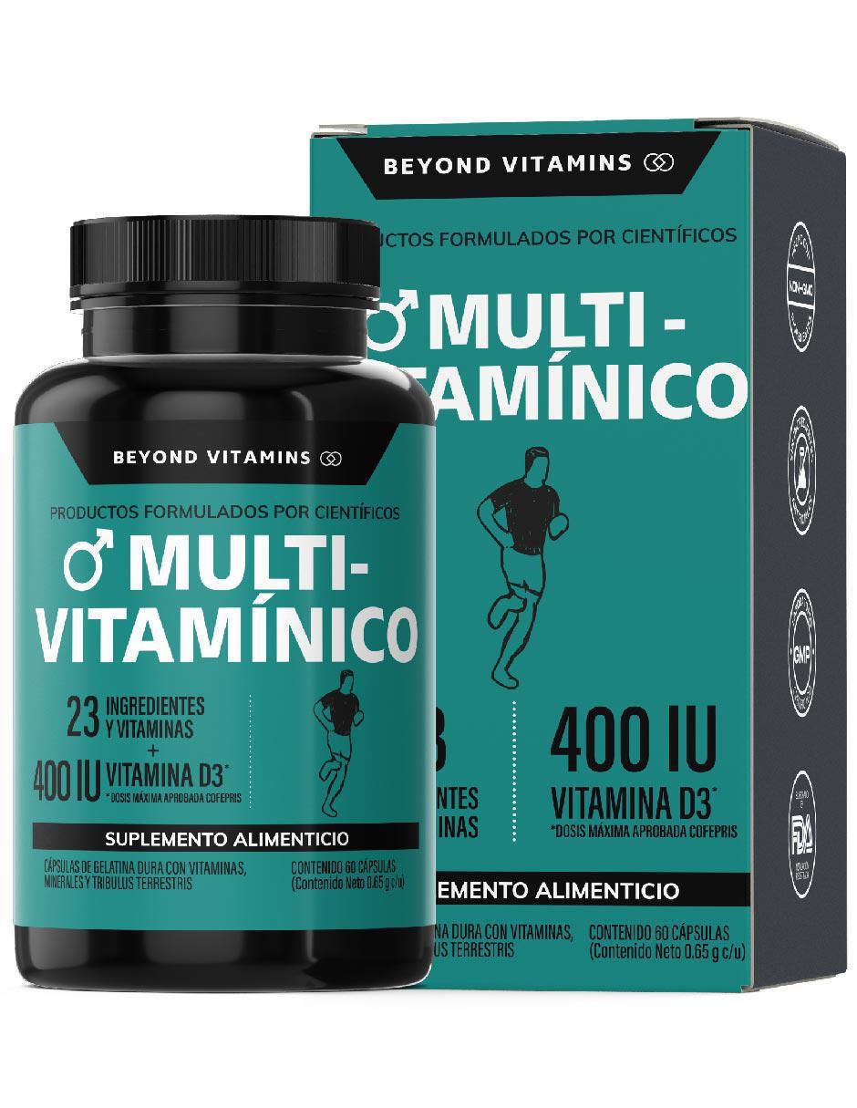 Multivitaminico con Vitamina D 23 vitaminas y minerales para Hombres Beyond Vitamins sabor natural de 60 cápsulas