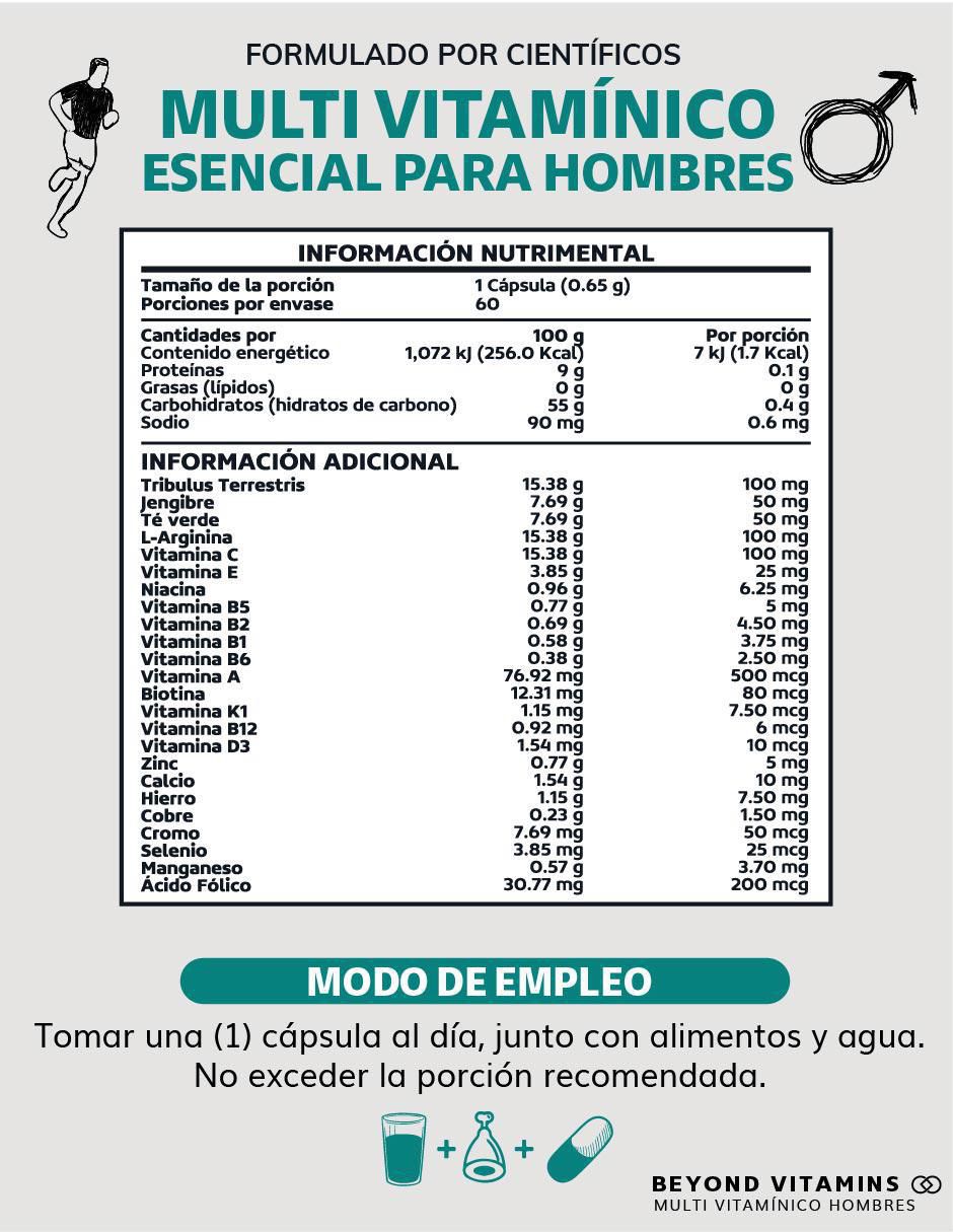 Multivitaminico con Vitamina D 23 vitaminas y minerales para Hombres Beyond Vitamins sabor natural de 60 cápsulas