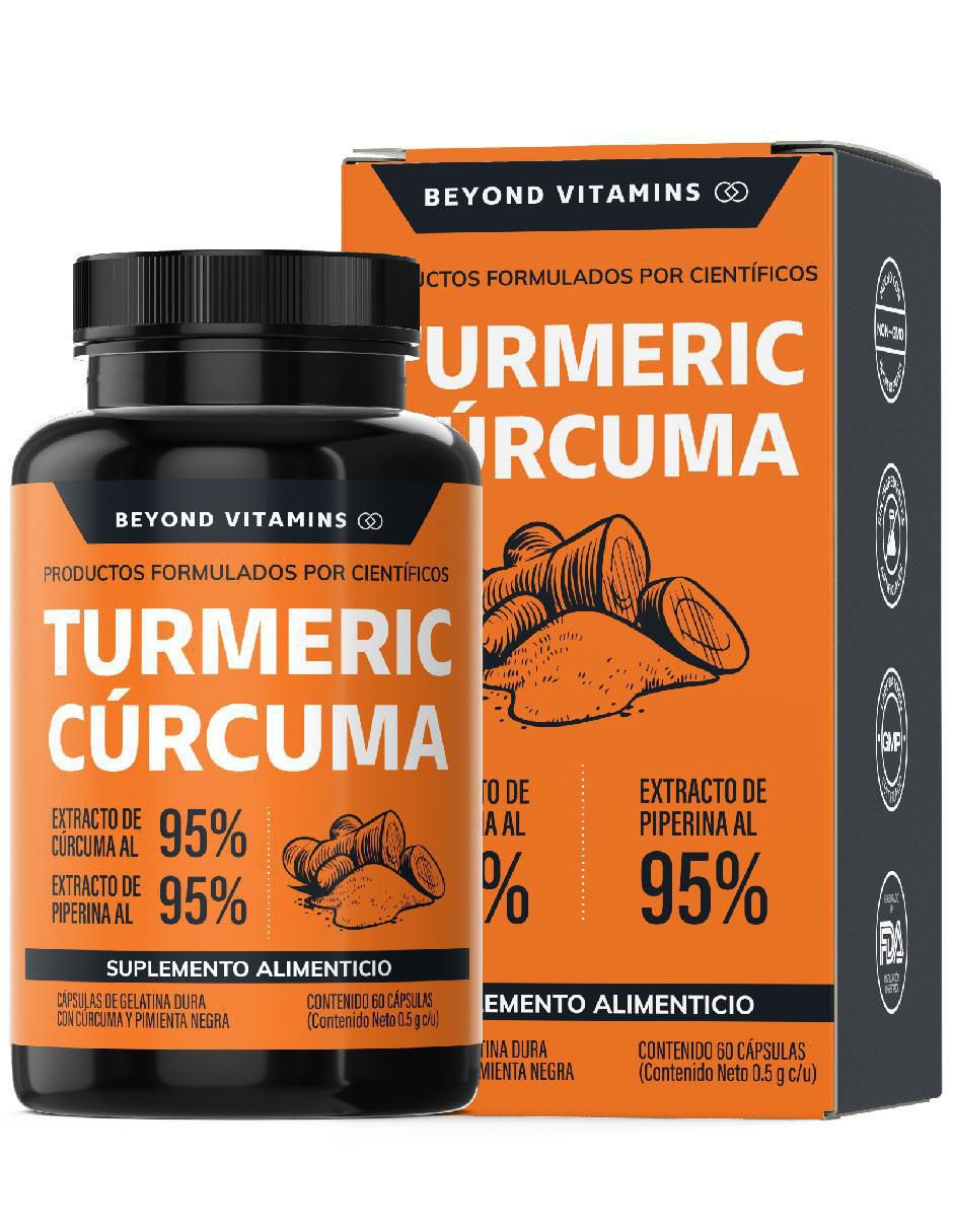 Turmeric con Cúrcuma al 95% y Piperina Beyond Vitamins con turmeric y piperina sabor natural de 60 cápsulas