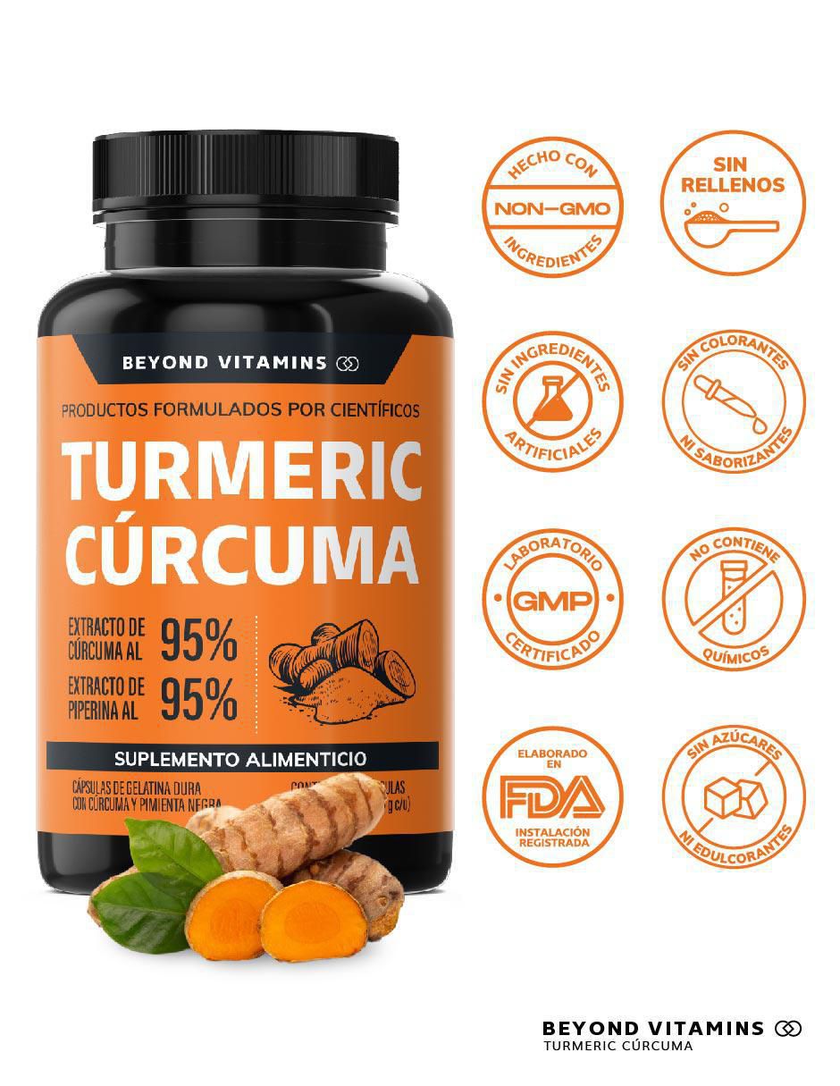 Turmeric con Cúrcuma al 95% y Piperina Beyond Vitamins con turmeric y piperina sabor natural de 60 cápsulas