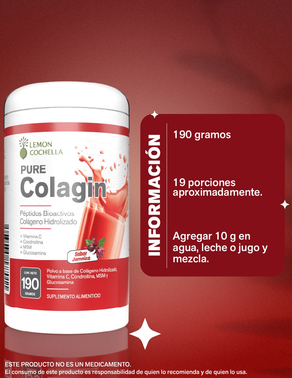 Pure colagin péptidos bioactivos colágeno hidrolizado "con" péptidos bioactivos, cólageno hidrolizado, vitamina c condroitina, msm y glucosamina "sabor" jamaica "de" 190 g 5