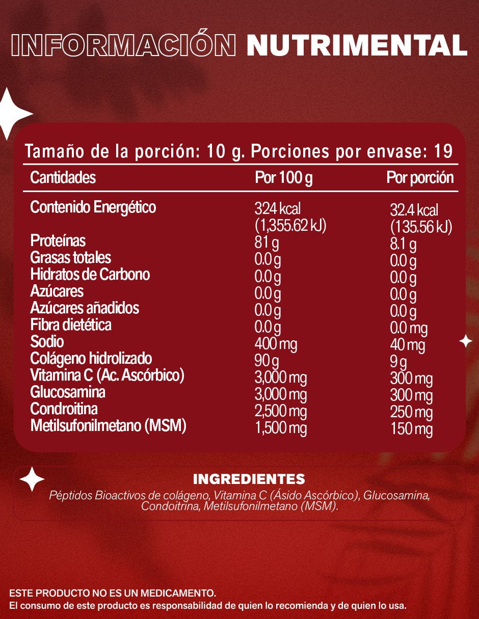 Pure colagin péptidos bioactivos colágeno hidrolizado "con" péptidos bioactivos, cólageno hidrolizado, vitamina c condroitina, msm y glucosamina "sabor" jamaica "de" 190 g 3