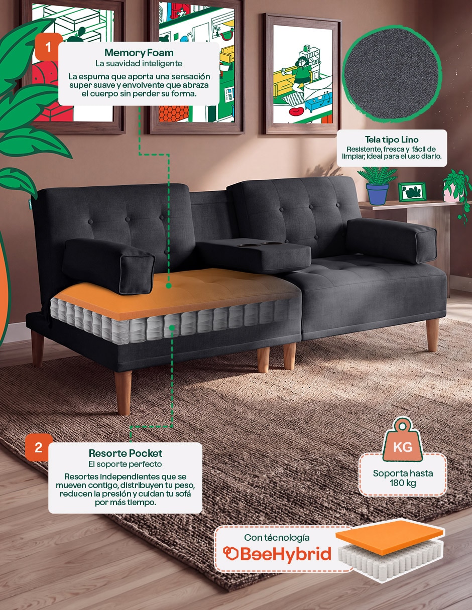 Sofá cama armable Queen memory foam de lino 8