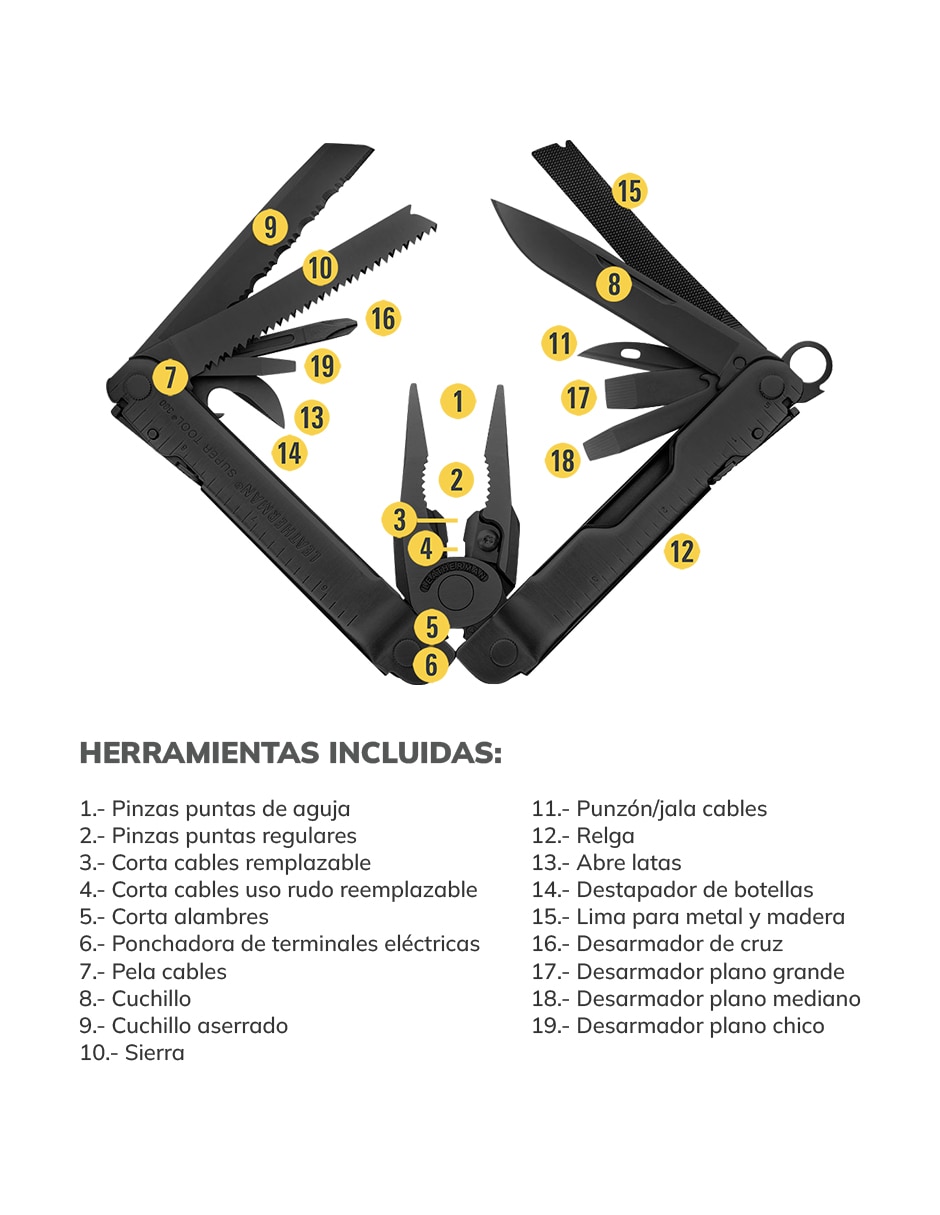 Multi navaja táctica Leatherman super tool 300 negra con accesorios