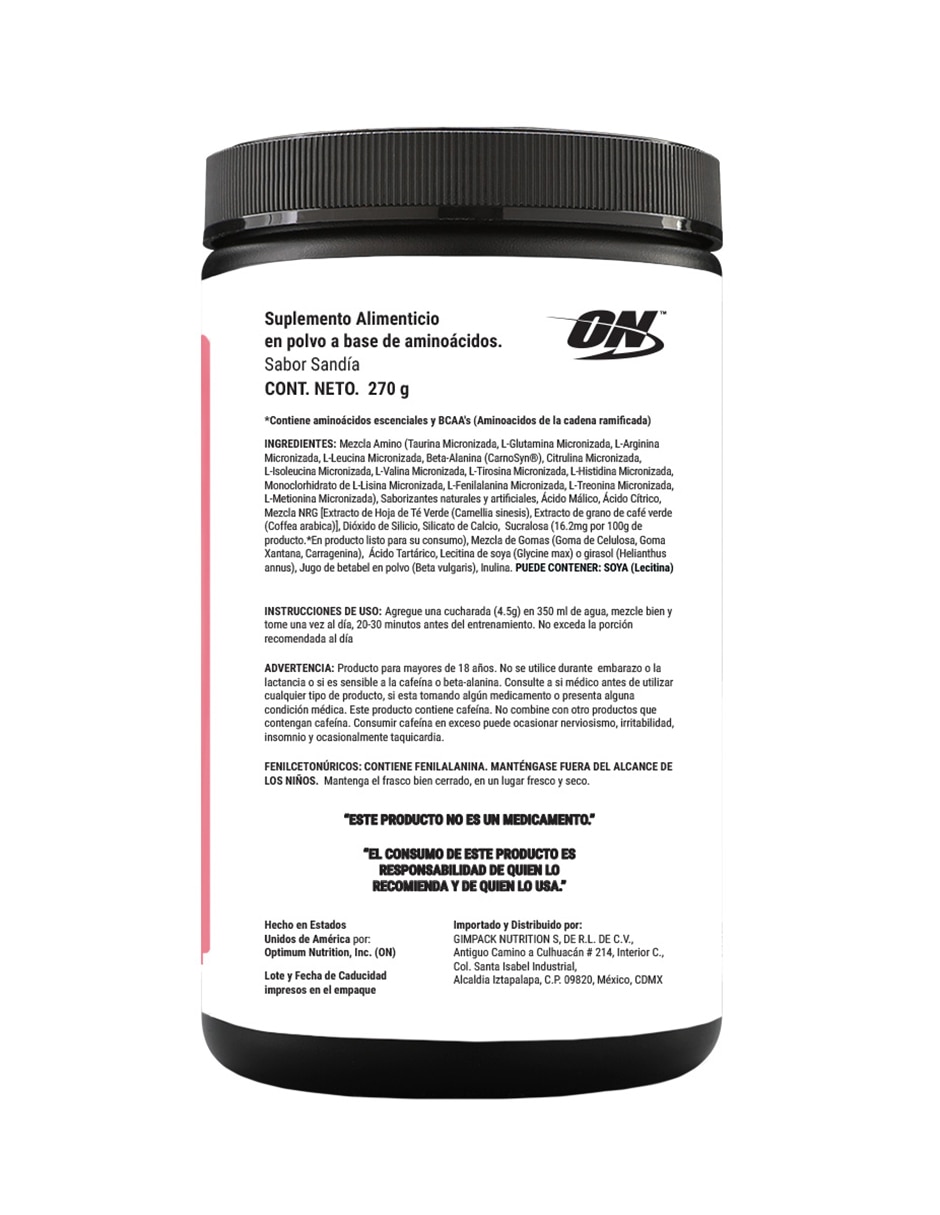 Essential Amin.o. Optimum Nutrition con aminoácidos y electrolitos sabor sandia de 270 g