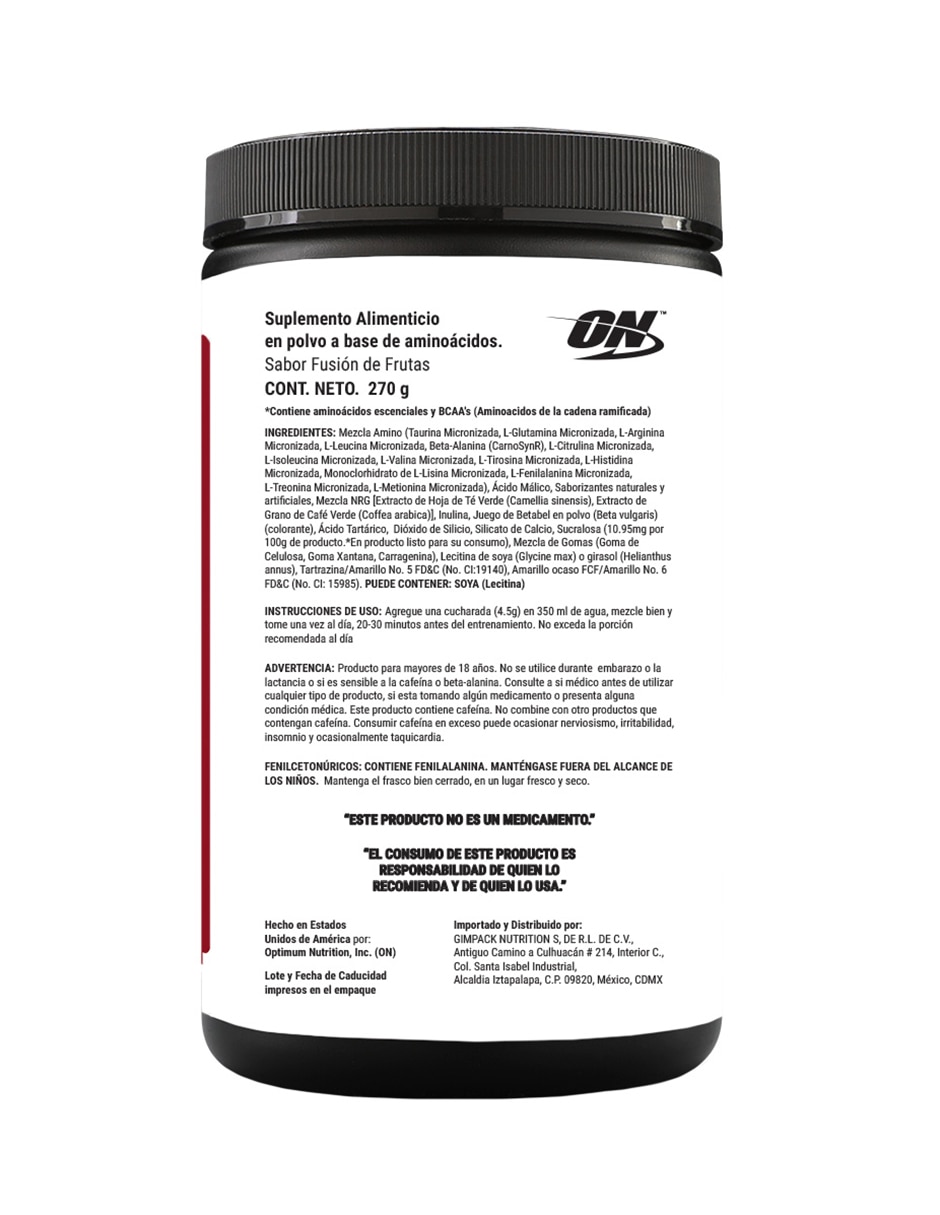 Essential Amin.o. Optimum Nutrition con aminoácidos y electrolitos sabor frutas de 270 g