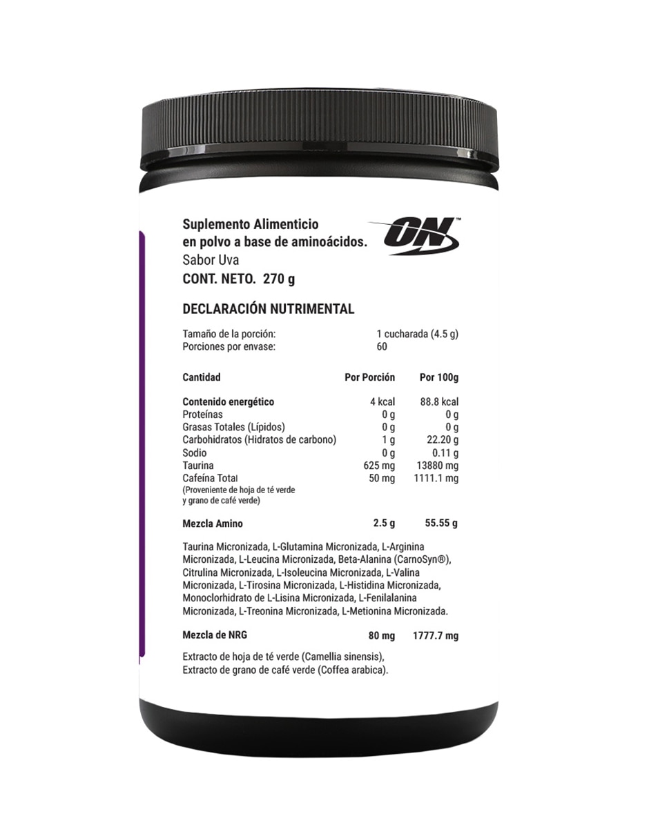 Essential Amin.o. Optimum Nutrition con aminoácidos y electrolitos sabor uva de 270 g
