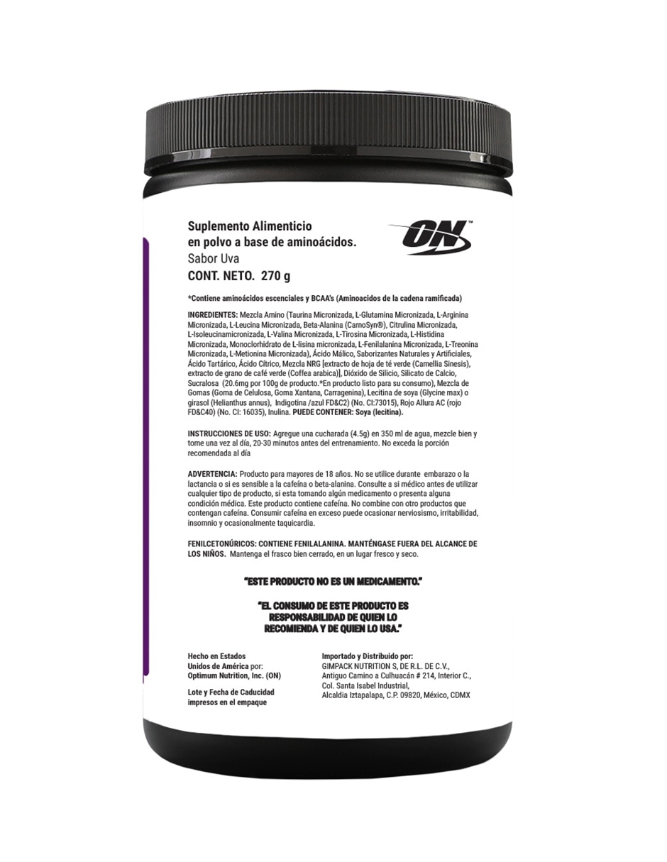 Essential Amin.o. Optimum Nutrition con aminoácidos y electrolitos sabor uva de 270 g