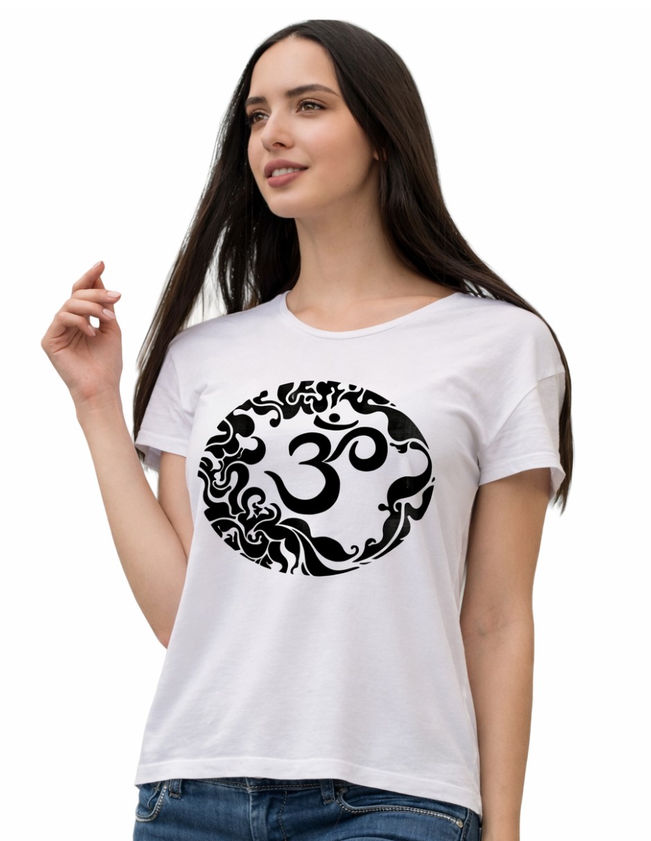 Playera manga corta Marëvnyk Om cuello redondo para mujer