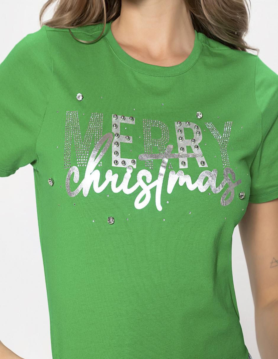 Playera manga corta Studio F Merry Christmas cuello redondo para mujer