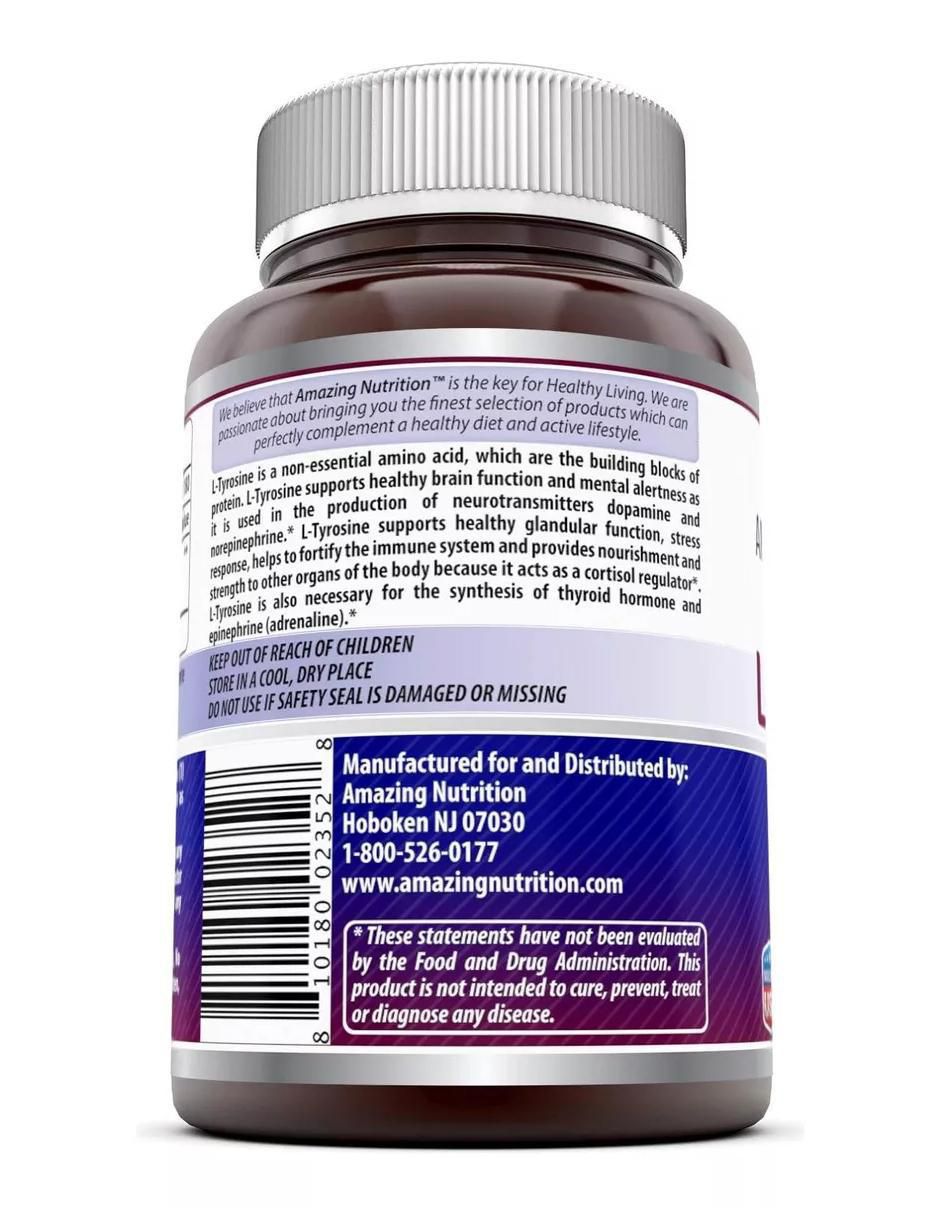 L-Tyrosine Amazing Nutrition con tirosina sabor natural de 180 Cápsulas 3