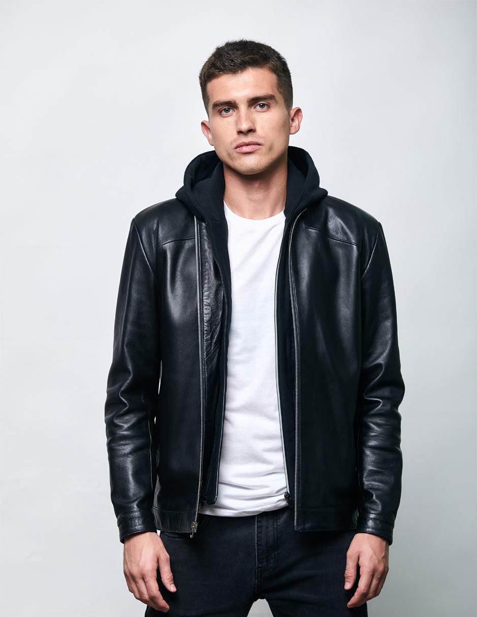 Chamarra casual de piel capucha desmontable para hombre Chamarra casual de piel capucha desmontable para hombre