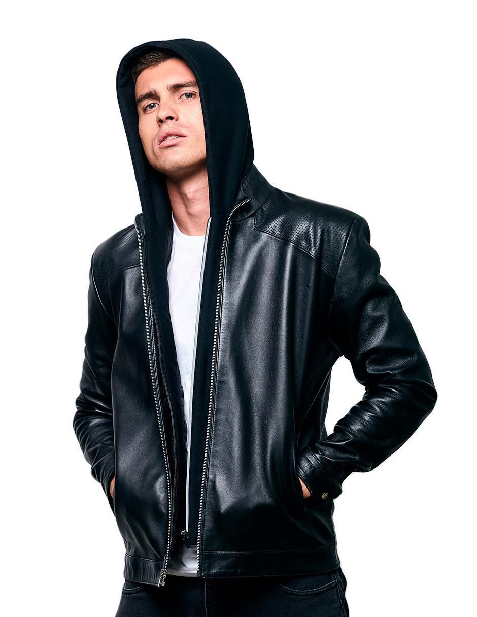 Chamarra casual de piel capucha desmontable para hombre 3