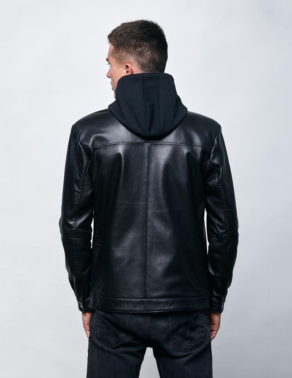Chamarra casual de piel capucha desmontable para hombre 4