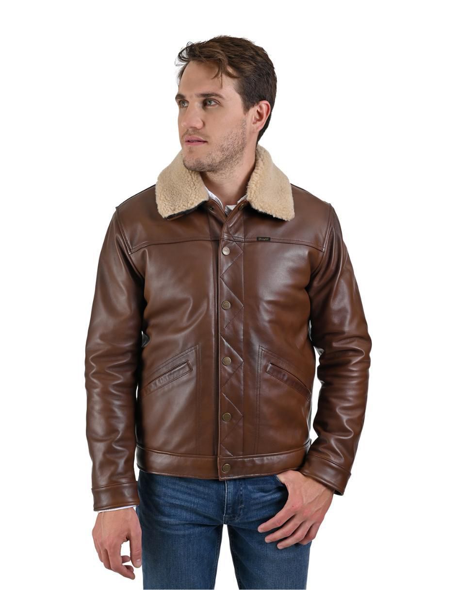 Chamarra casual Wrangler de piel cuello desmontable para hombre