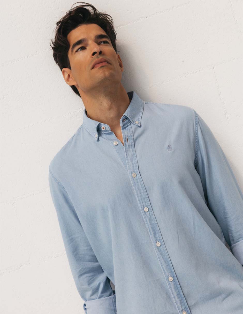 Camisa casual El Pulpo de algodón manga larga para hombre
