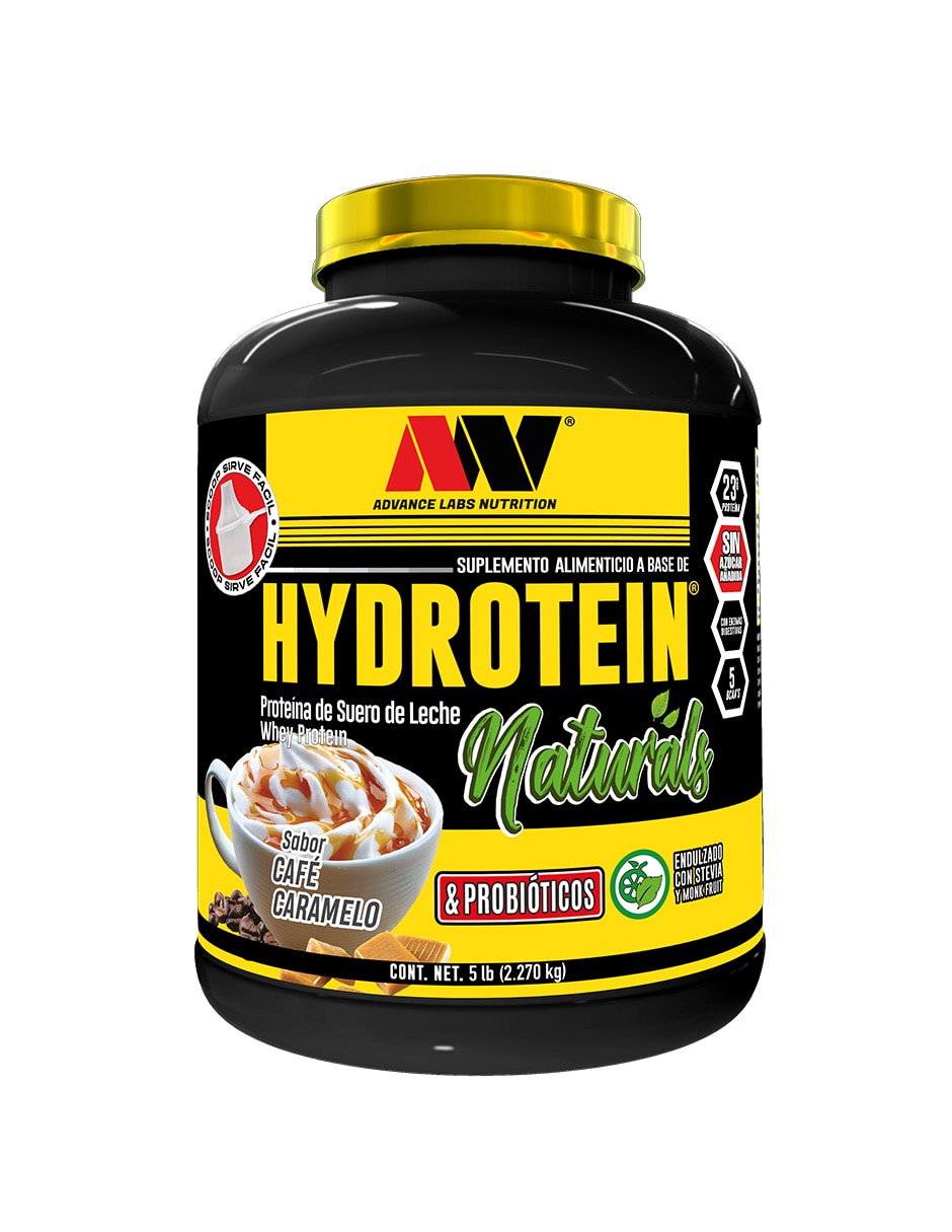 Hydrotein naturals advance nutrition con suero de leche cocoa natural lecitina y fruto del monje sabor caramelo de 2.2 kg