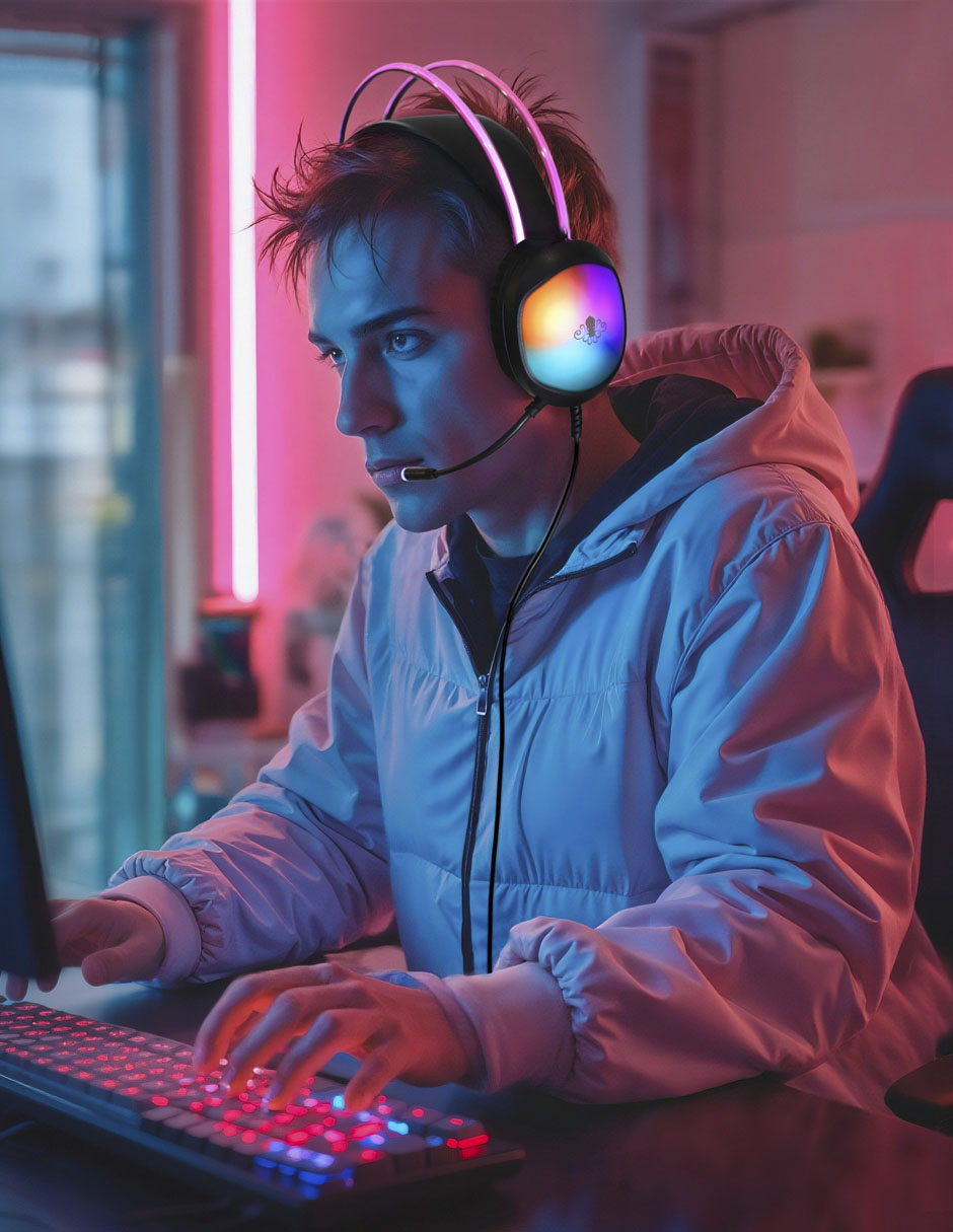 Audífonos Gamer Ground Gaming alámbricos RGB INT-MM129