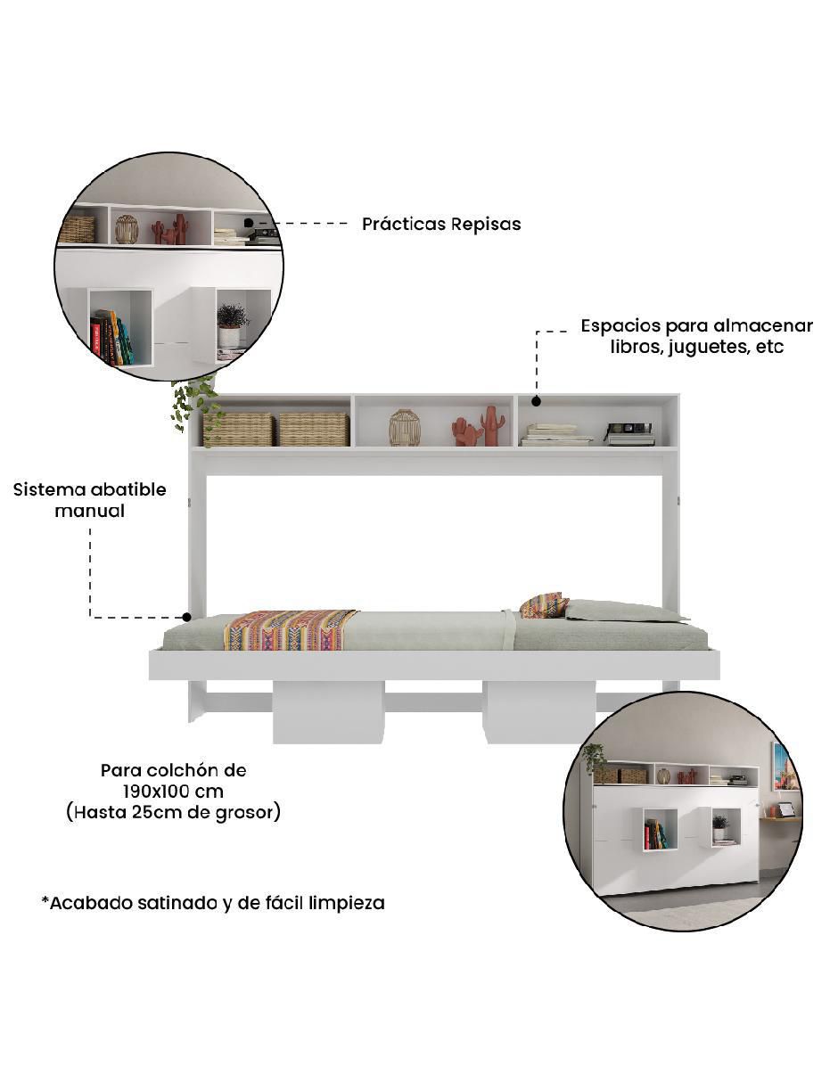 Cama abatible con repisas de MDF individual