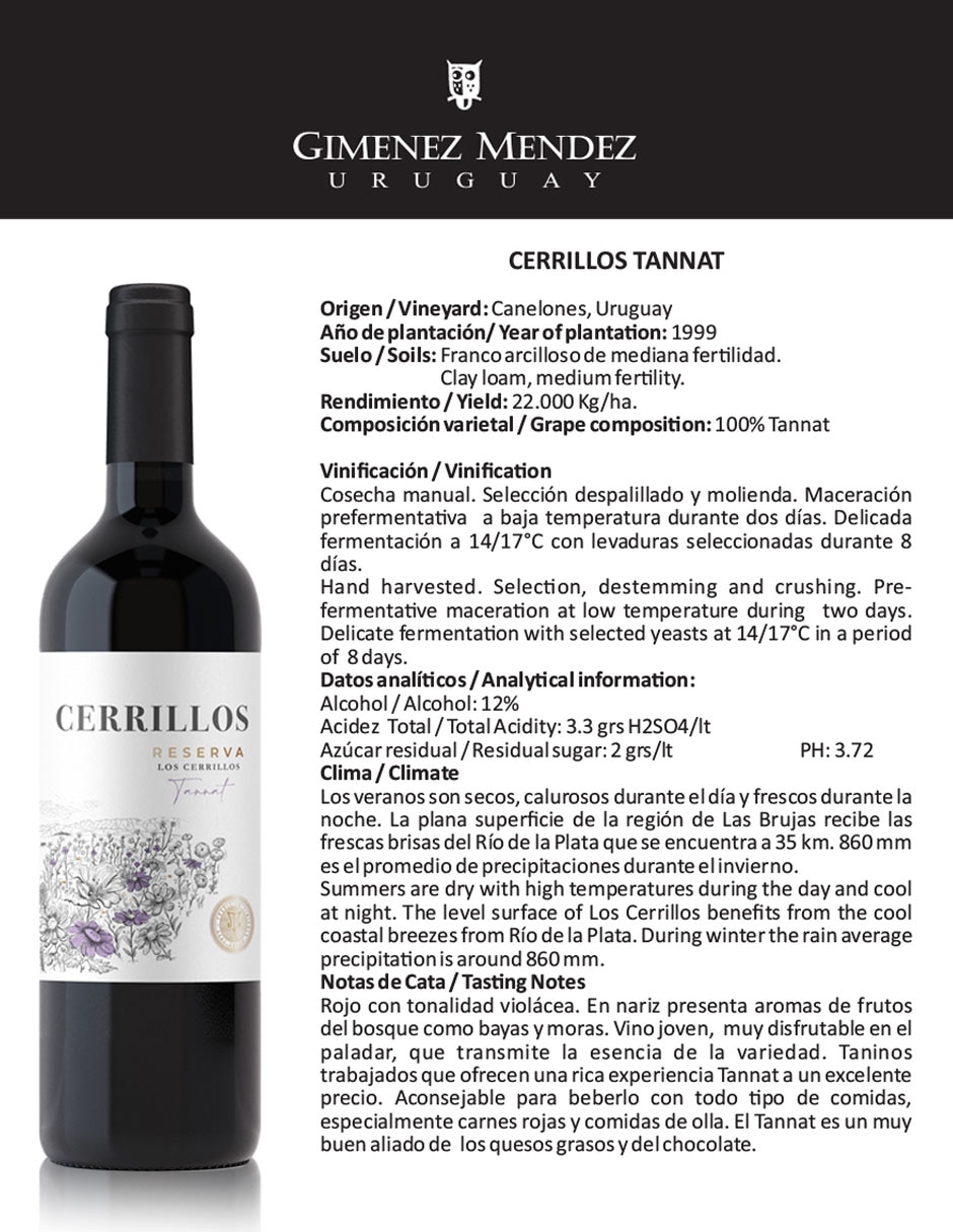 Vino tinto Tannat Gimenez Mendez Cerrillos Uruguay 750 ml