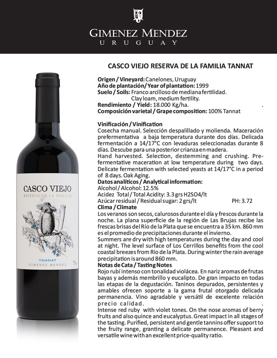 Vino Tinto Casco Viejo Reserva de la Familia Tannat 750 ml