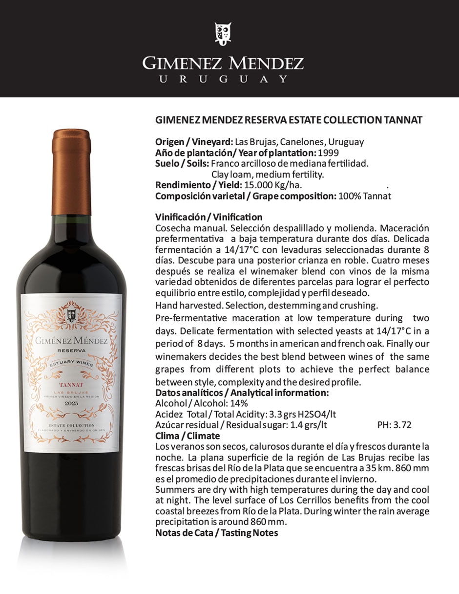 Vino Tinto Giménez Méndez Reserva Estate Collection Tannat 750 ml