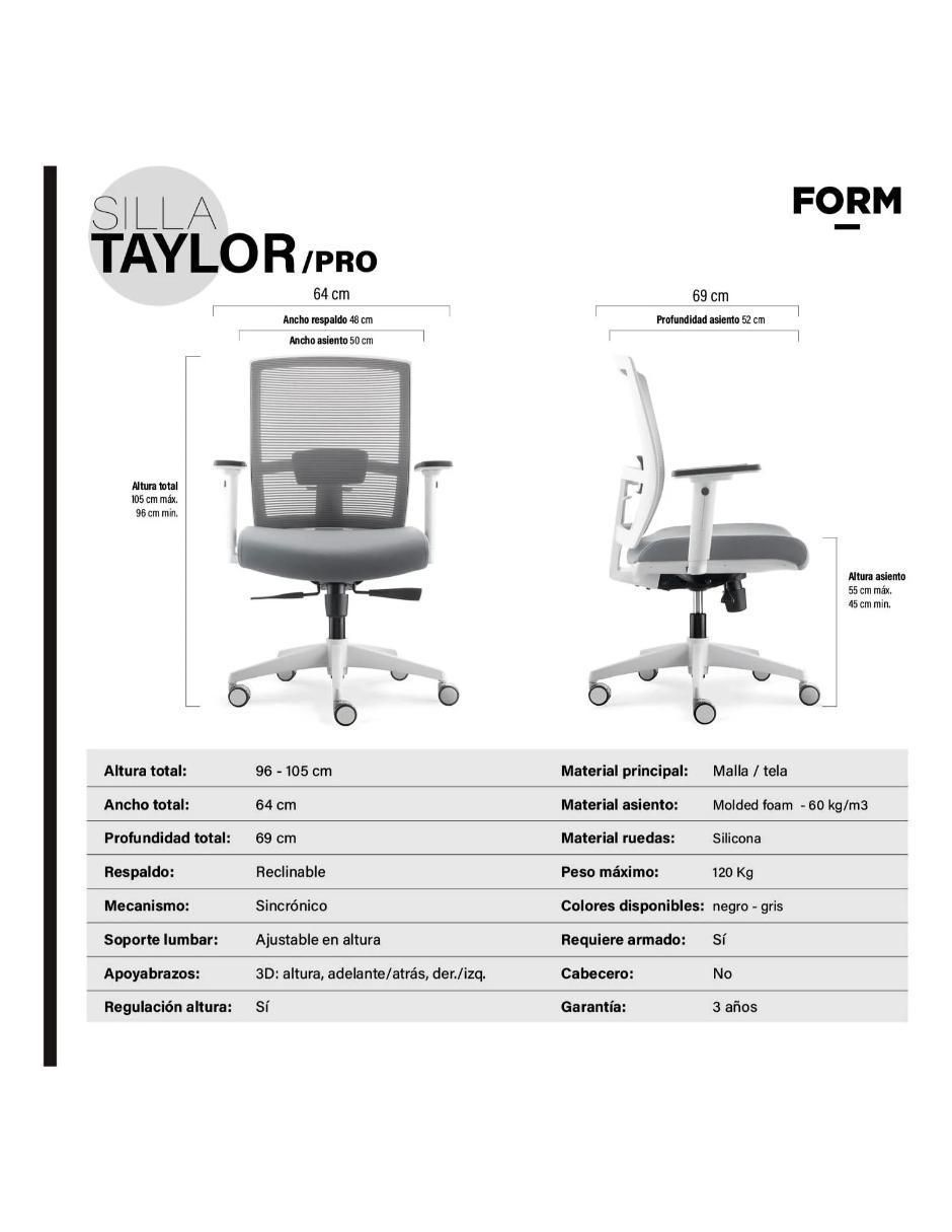 Silla escritorio Ergonómica Taylor Gris Claro 11