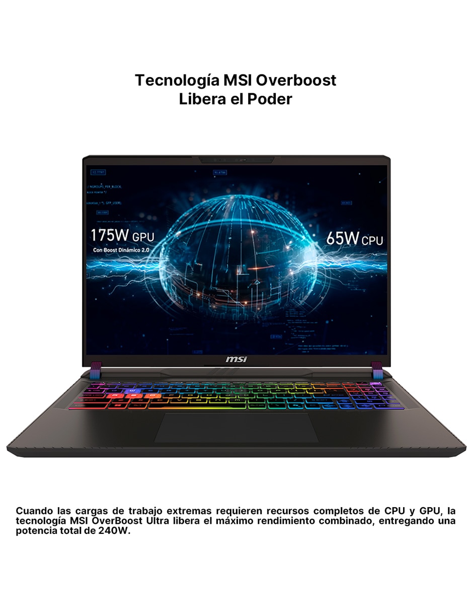 Laptop gamer Vector 16 HX AI 16 pulgadas QHD+ Intel core ultra 9 NVIDIA Geforce RTX 5070 Ti 16 GB RAM 1 TB SSD 3