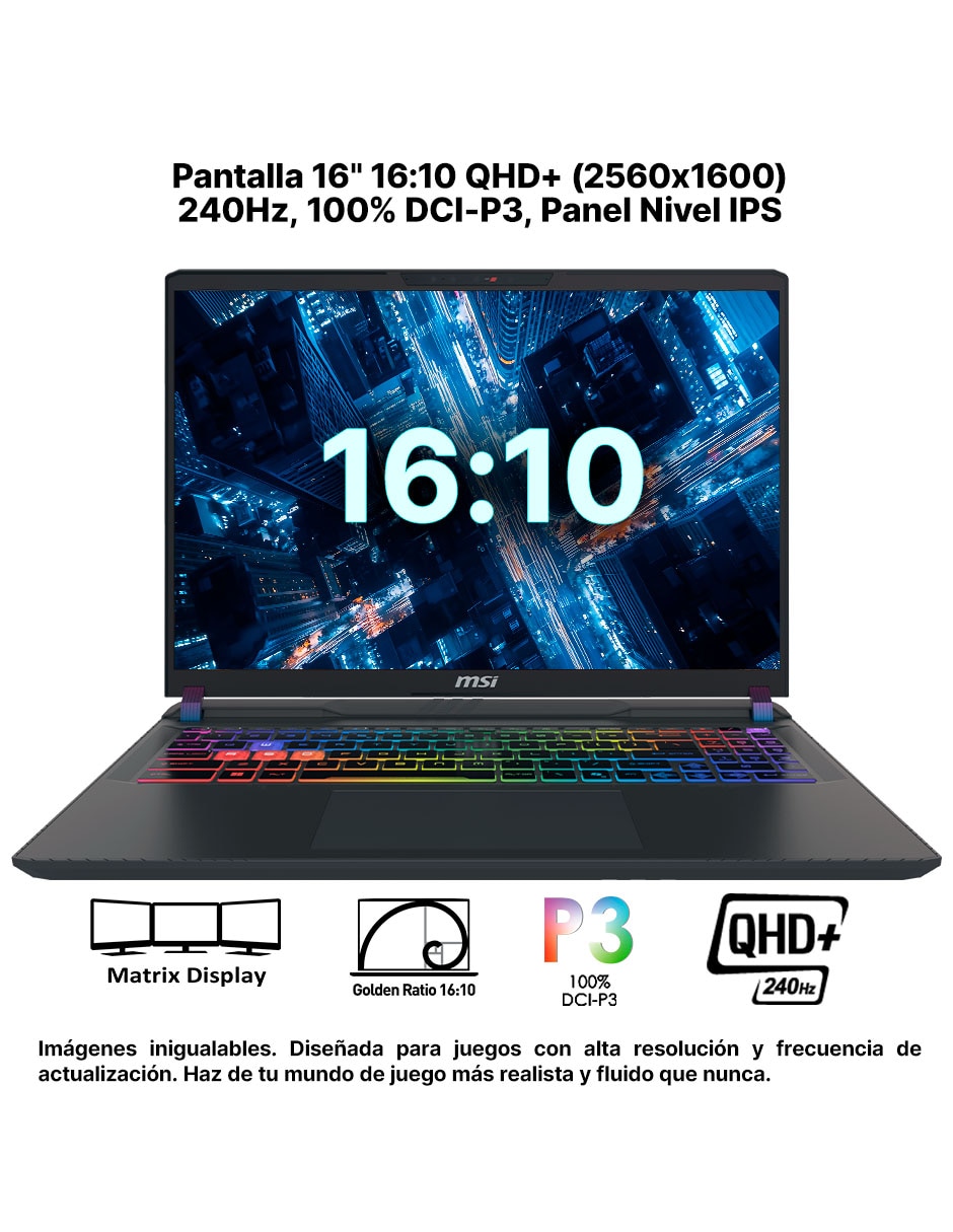 Laptop gamer Vector 16 HX AI 16 pulgadas QHD+ Intel core ultra 9 NVIDIA Geforce RTX 5070 Ti 16 GB RAM 1 TB SSD 4