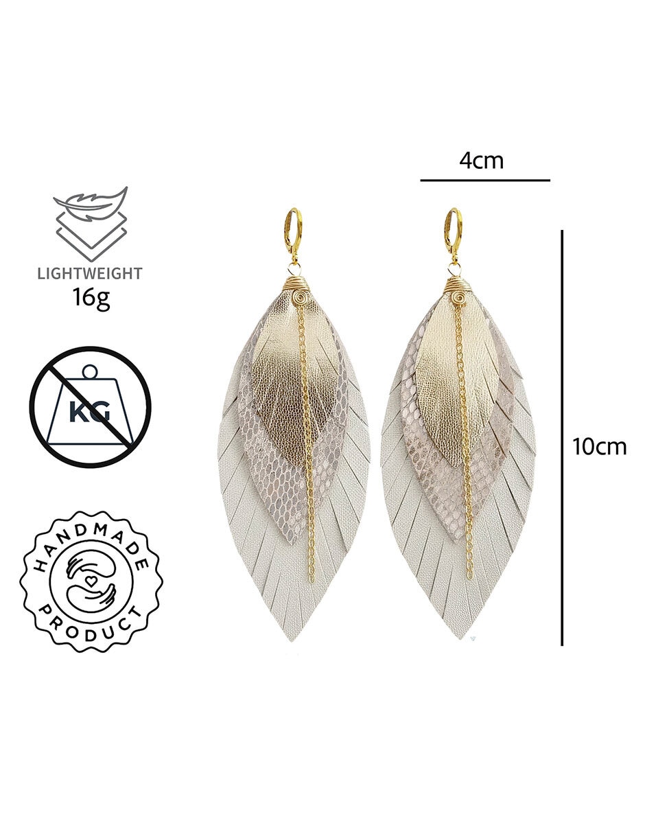 Aretes de pluma vangania de piel 18 k con acabado baño de oro