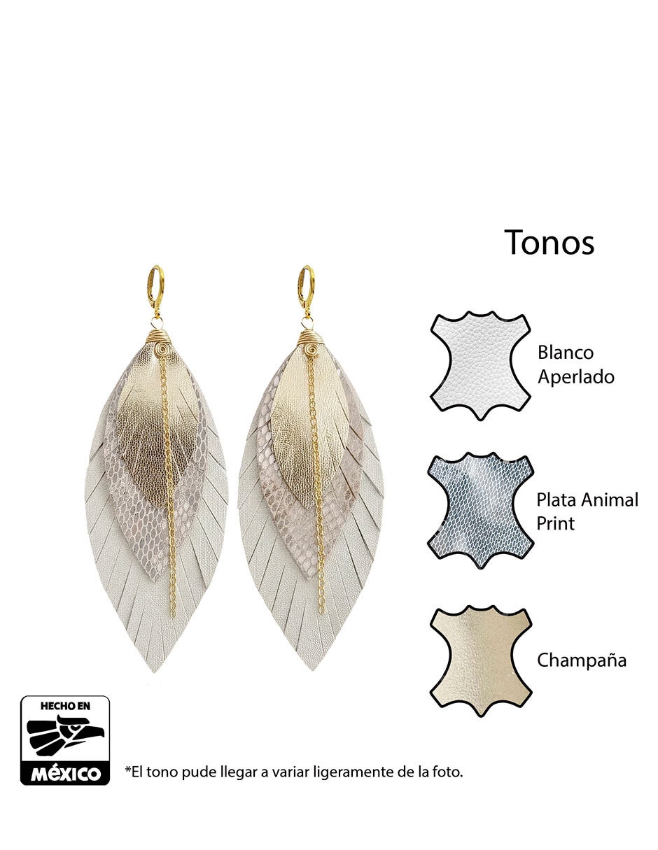 Aretes de pluma vangania de piel 18 k con acabado baño de oro