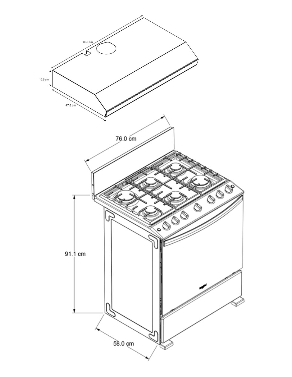 Combo estufa de piso a gas lp 50 cm CWFR3400D-HH de 6 quemadores + campana 6