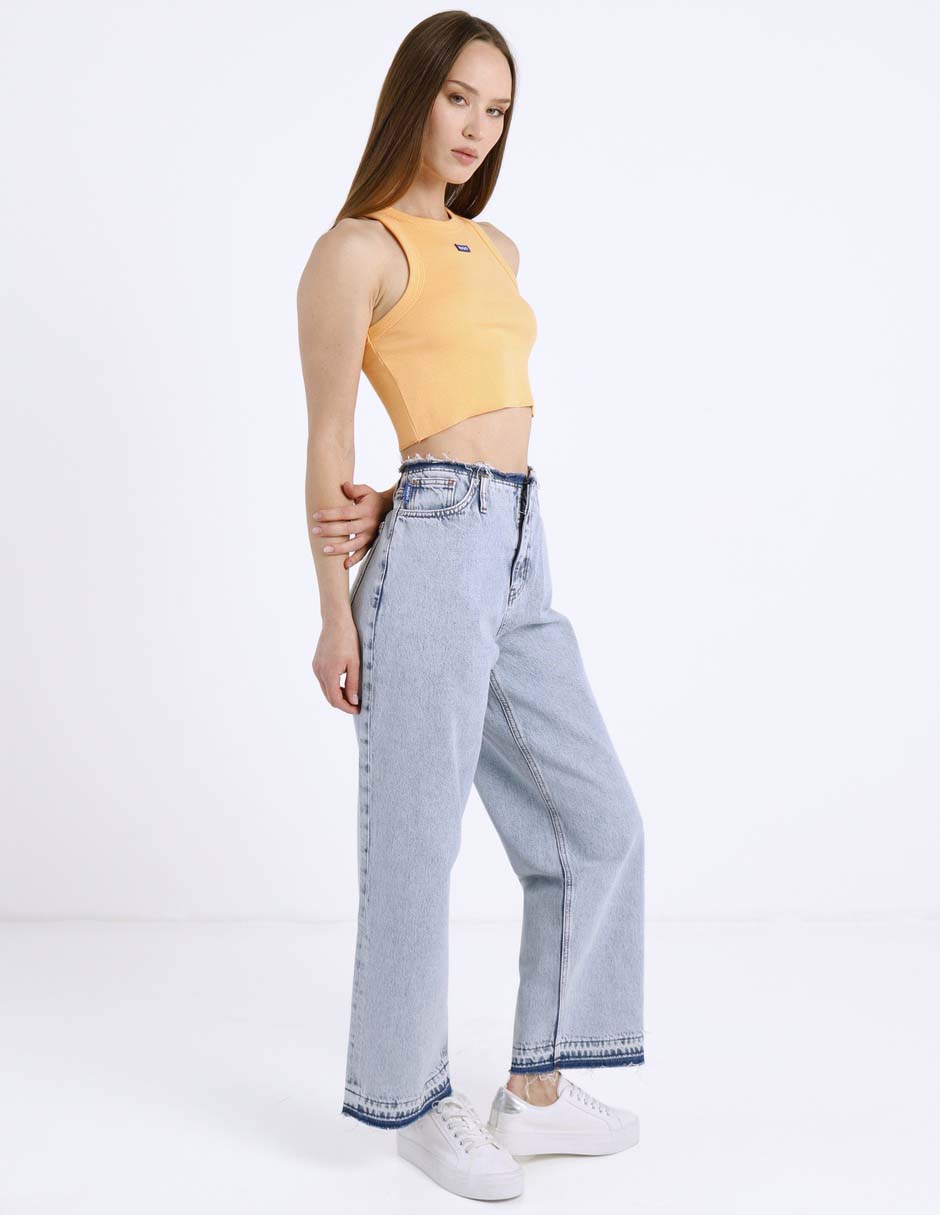 Top Hugo Blue cuello redondo con cuello tirante ancho