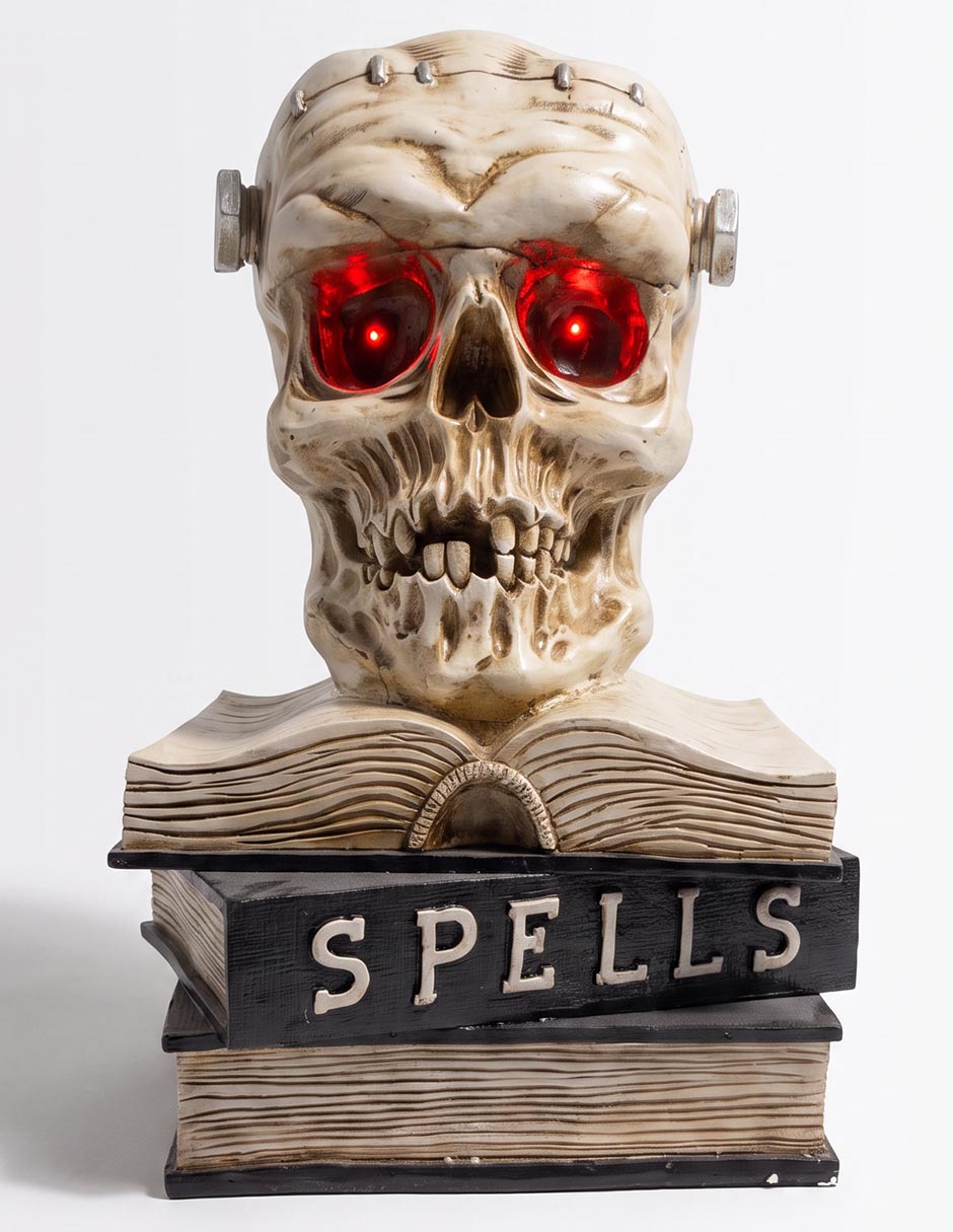 Figura decorativa de halloween con forma de cráneo sobre libros Figura decorativa de halloween con forma de cráneo sobre libros