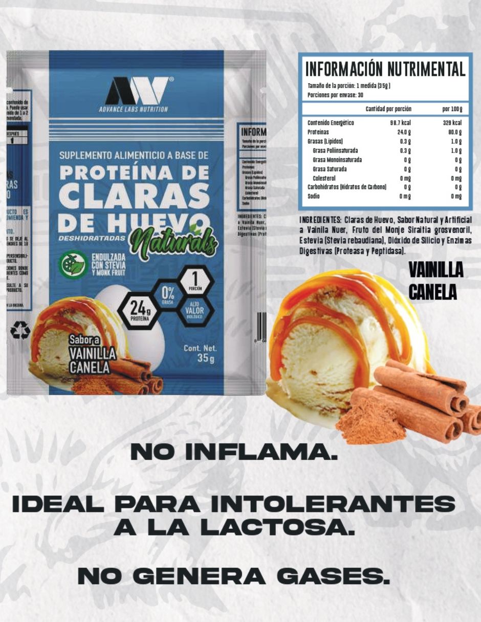 Set de proteína de claras de huevo en polvo naturals con stevia y monk fruit sabor vainilla canela Advance Nutrition de 30 g