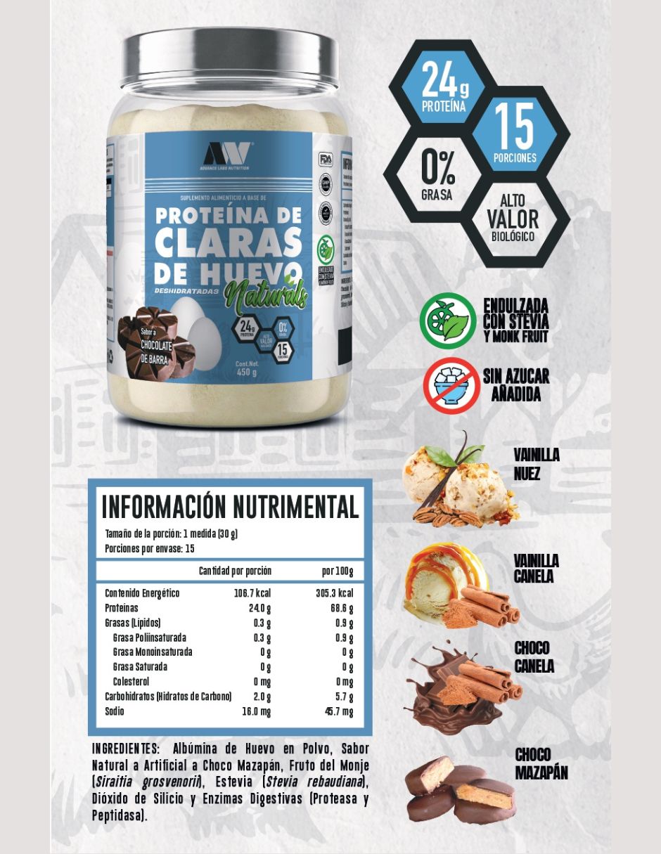 Proteína de claras de huevo Naturals Advance Nutrition sabor chocolate de 450 g