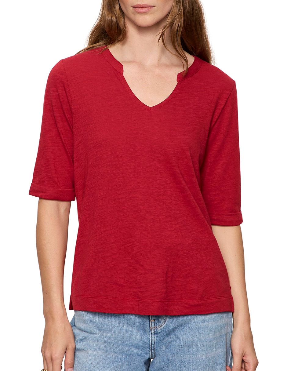Playera manga al codo cuello v para mujer