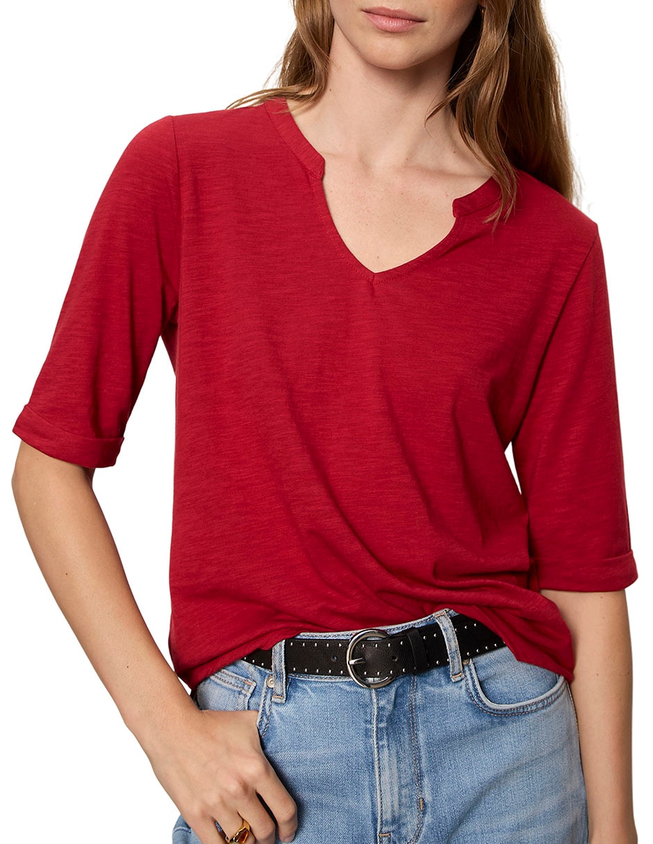 Playera manga al codo cuello v para mujer 3