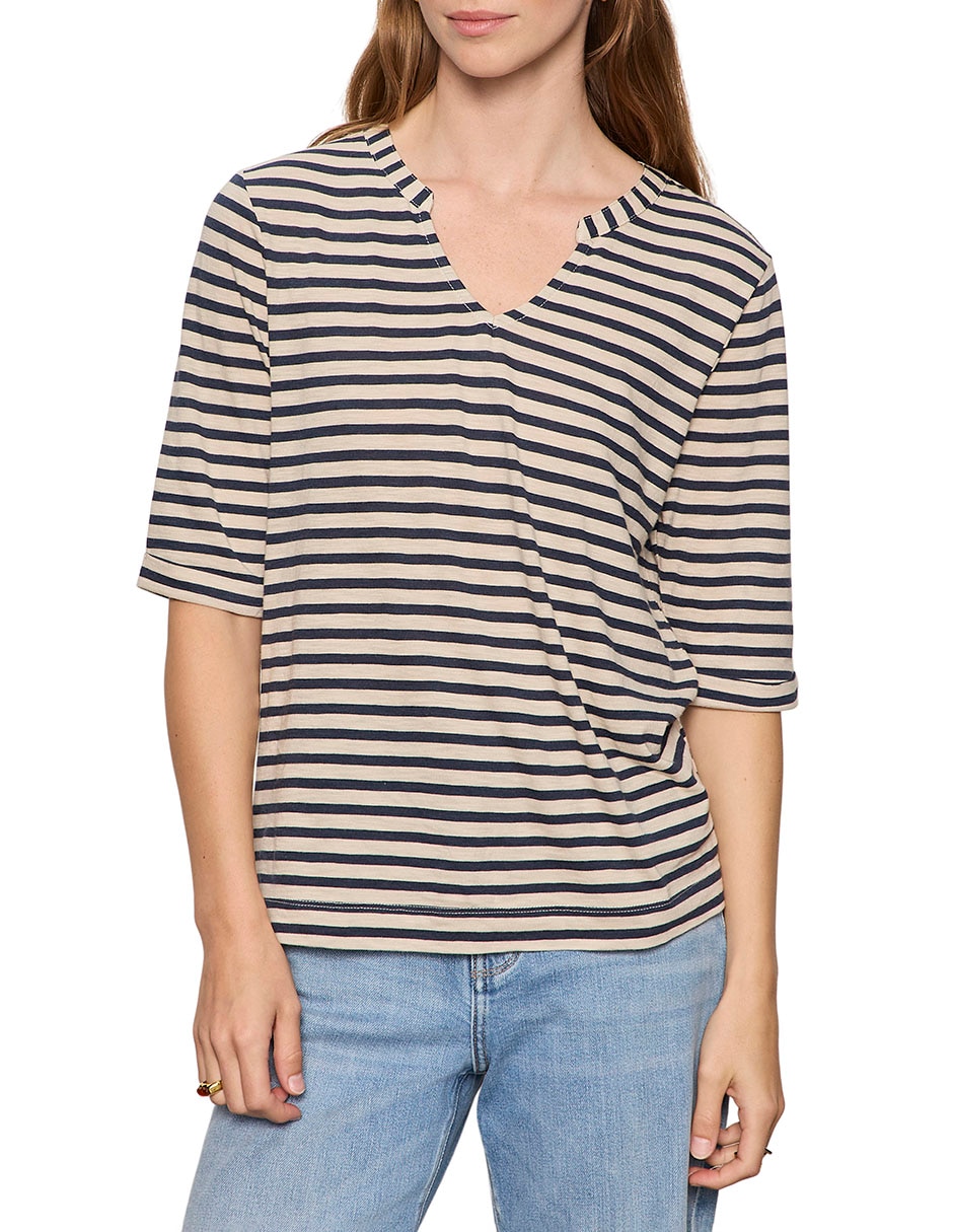Playera manga al codo cuello v para mujer