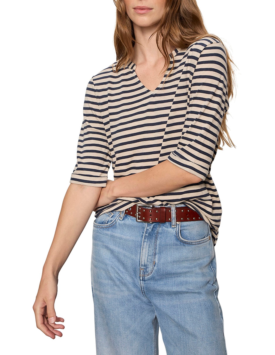 Playera manga al codo cuello v para mujer 3