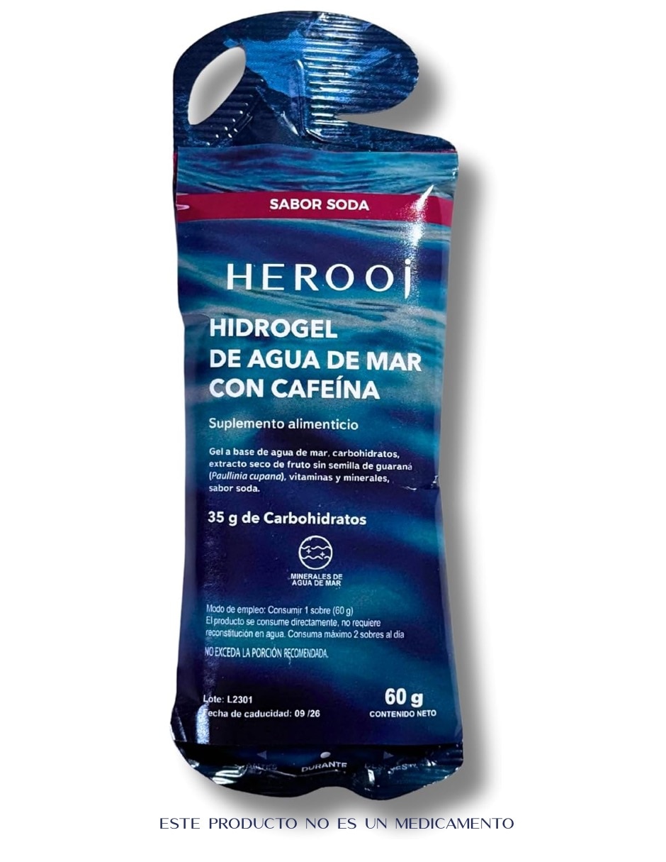 Hidrogel sabor soda Herooj con agua purificada, maltodextrina, mezcla de proteínas, vitaminas y minerales, saborizantes y edulcorantes de 60 g