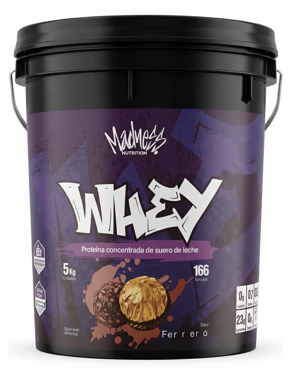 Whey protein madness nutrition "con" proteína de suero de leche "sabor" chocolate "de" 5 kg
