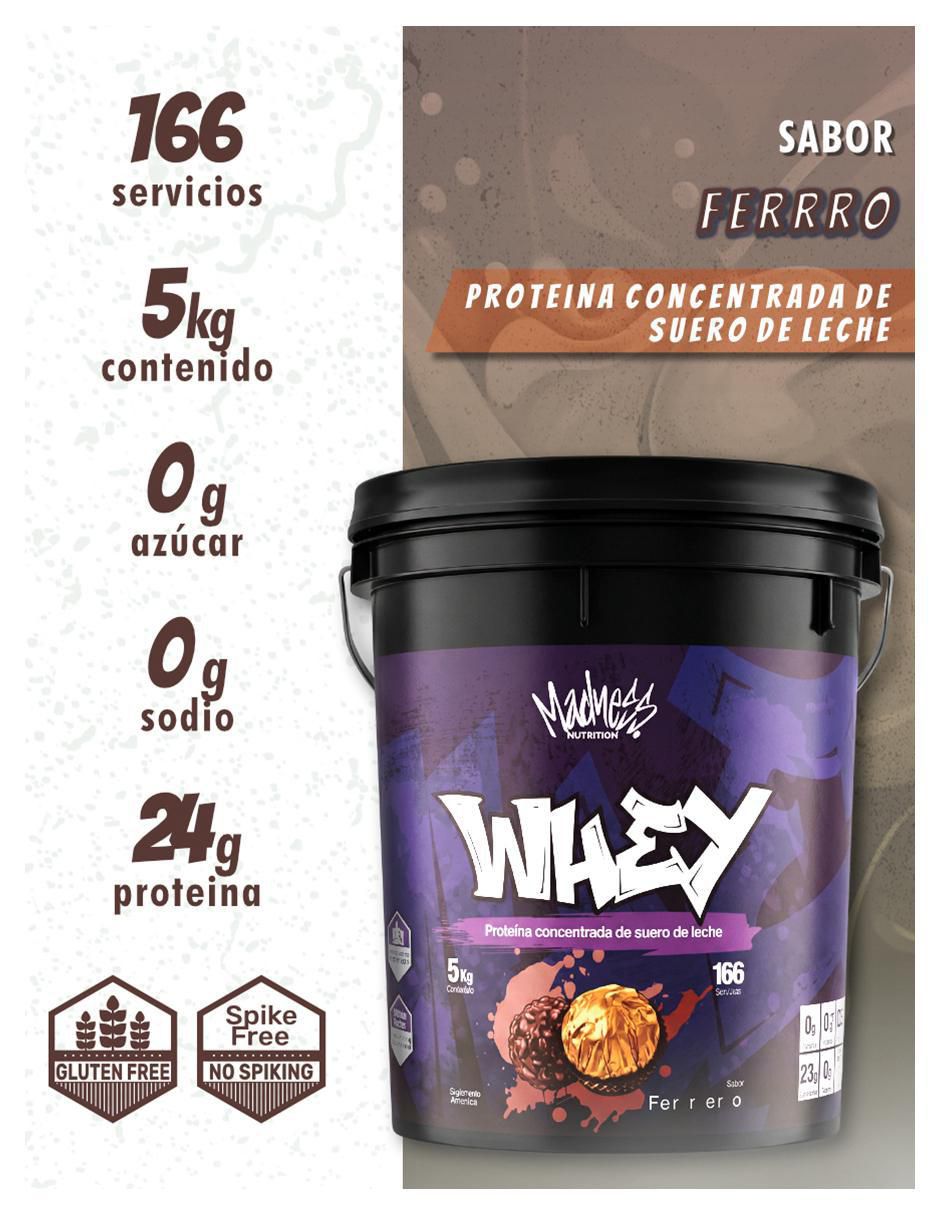 Whey protein madness nutrition "con" proteína de suero de leche "sabor" chocolate "de" 5 kg