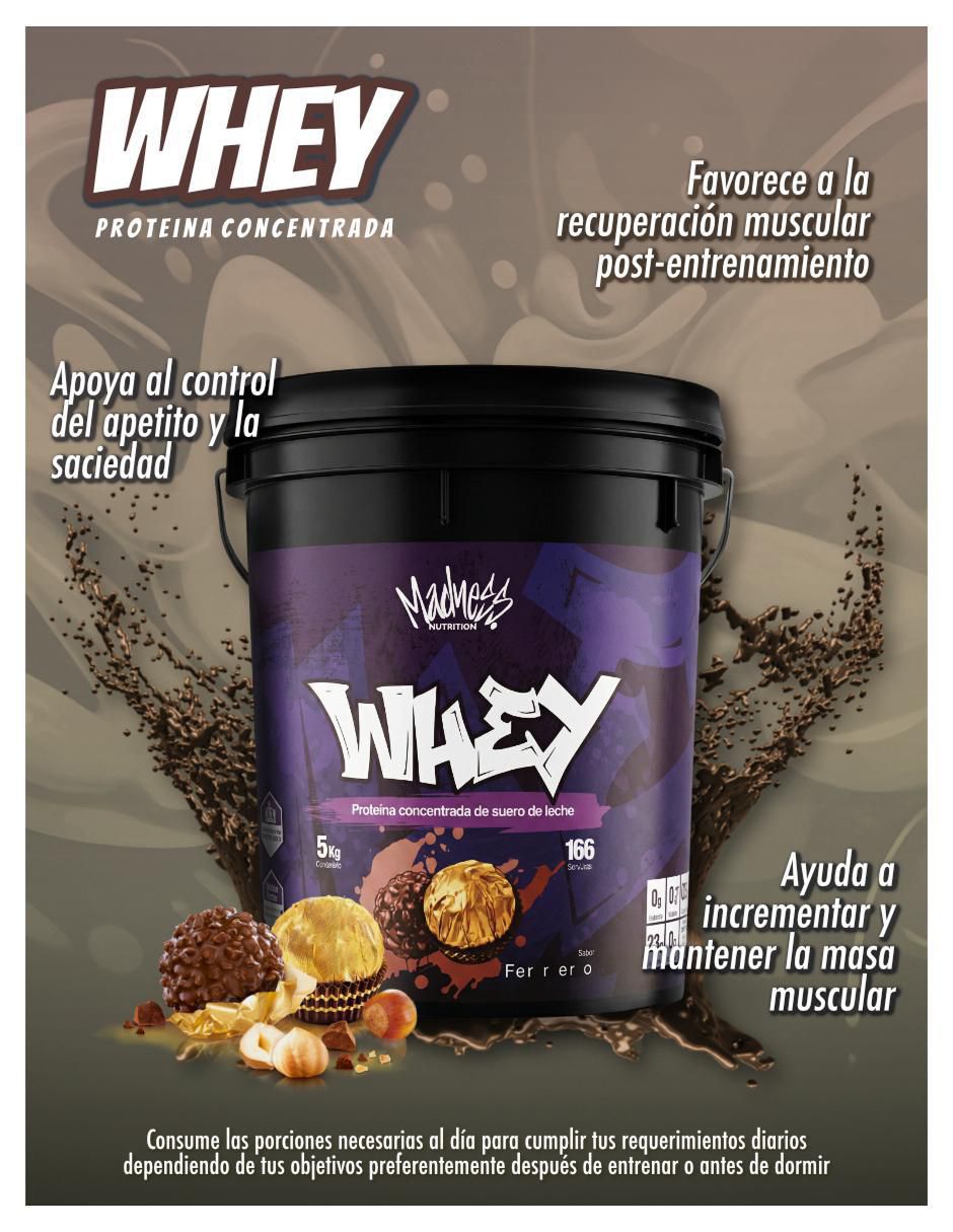 Whey protein madness nutrition "con" proteína de suero de leche "sabor" chocolate "de" 5 kg
