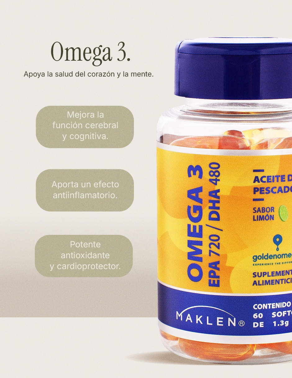 Omega 3 EPA720 DHA480 60 Cápsulas Maklen MAKLEN con Omega 3 con EPA y DHA sabor Limón de