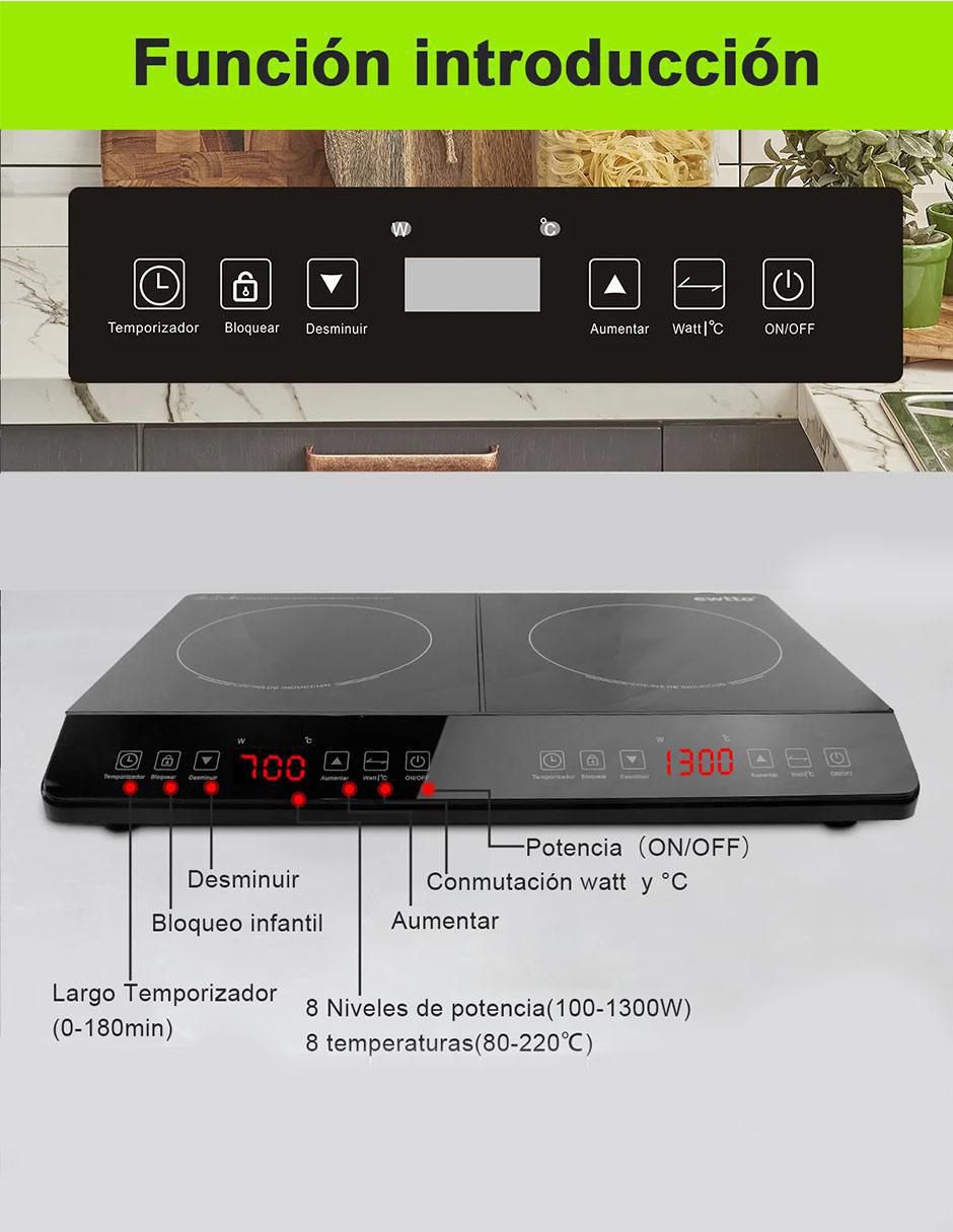 Parrilla de inducción Ewtto ET-H8008 de Acero inoxidable y vidrio