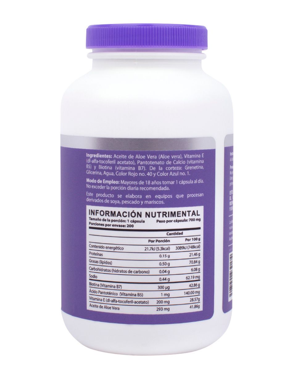 Biotina + Ácido Pantoténico vitamina E con Pantenol y aloe vera de 200 cápsulas 2